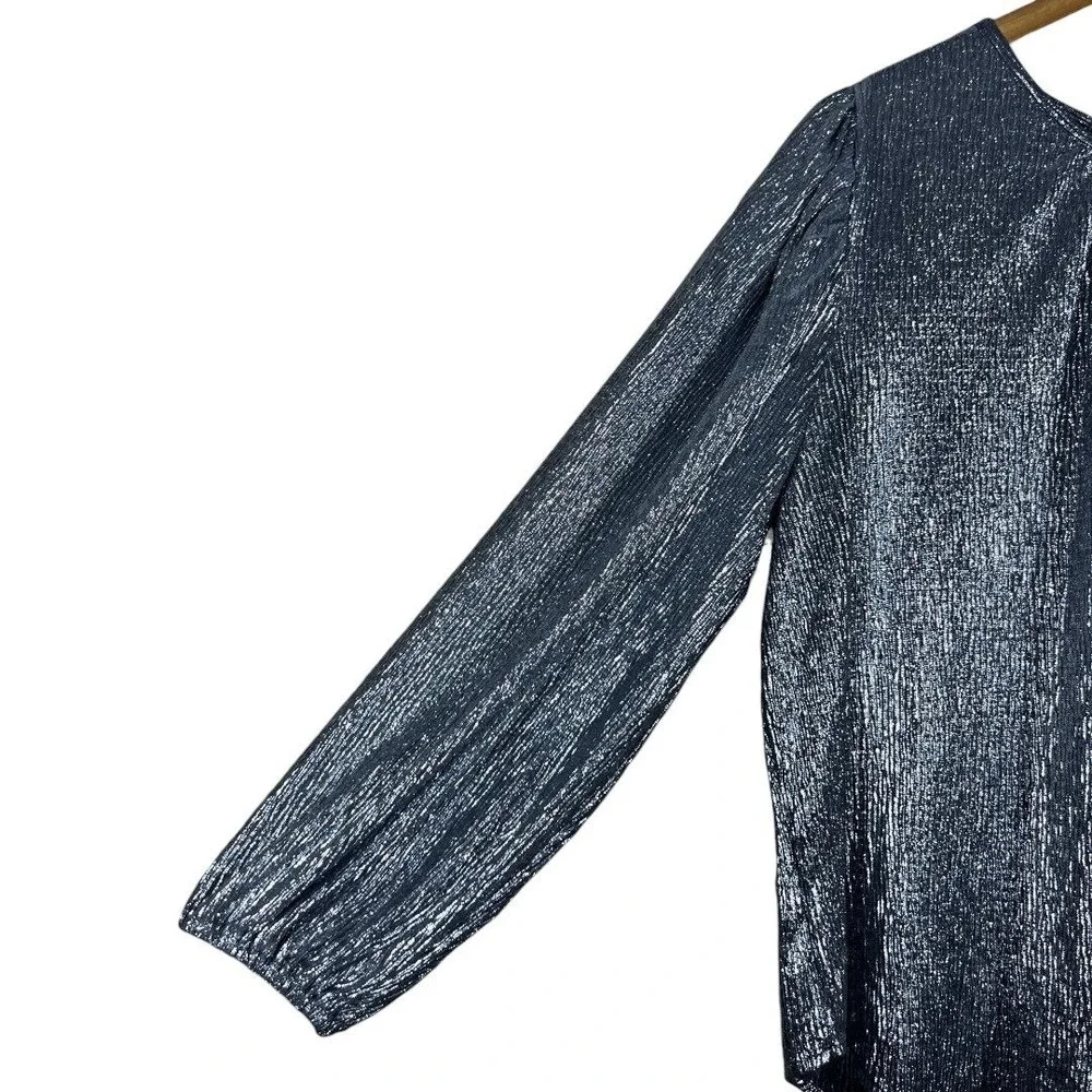 Loft Shimmer Metallic Pleated Blouse Silver Holiday Party Puff Sleeve Size L